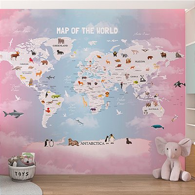 Papel de Parede Infantil de Mapa Mundi Cor de Rosa de Menina