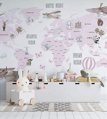 Papel de Parede Infantil de Mapa Mundi com Aviões e Balões Rosa