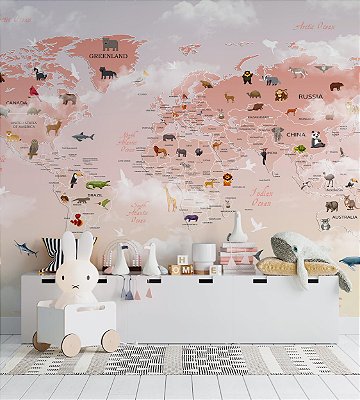 Papel de Parede Infantil de Mapa Mundi Rosado com Diversos Animais
