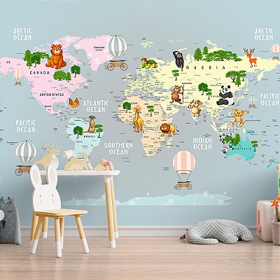 Papel de Parede Infantil de Mapa Mundi com Carruagens em Balões