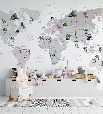 Papel de Parede Infantil de Mapa Mundi Cinza com Balões