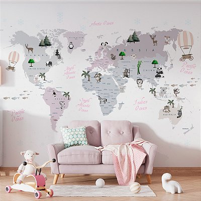 Papel de Parede Infantil de Mapa Mundi Cinza com Balões