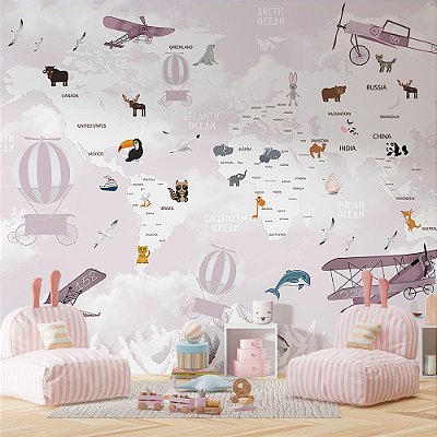 Papel de Parede Infantil de Mapa Mundi com Aviões e Balões em tons de Rosa