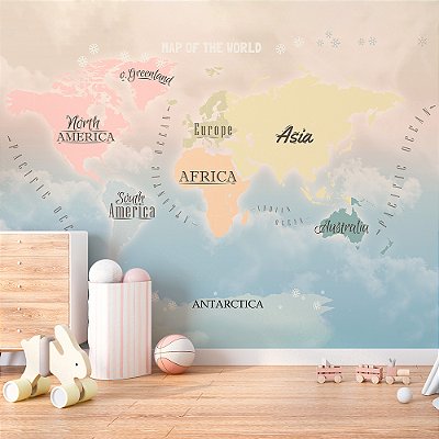 Papel de Parede Infantil de Mapa Mundi com os nomes dos continentes Colorido
