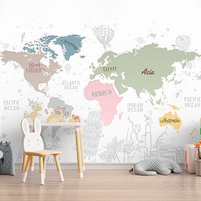 Papel de Parede Infantil de Mapa Mundi com as Maravilhas