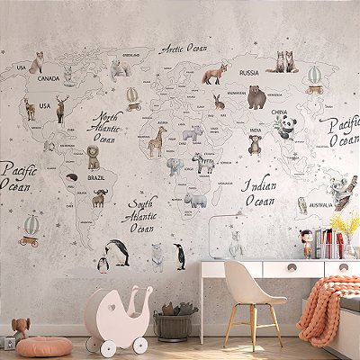 Papel de Parede Infantil de Mapa Mundi Branco com Diversos Animais