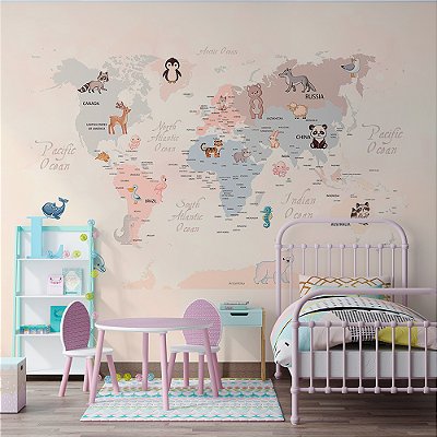 Papel de Parede Infantil de Mapa Mundi Claro com Animais