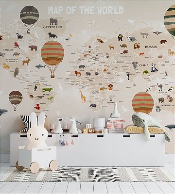 Papel de Parede Infantil de Mapa Mundi com Grandes Balões em tom Terroso