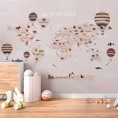 Papel de Parede Infantil de Mapa Mundi com Grandes Balões em tom Terroso