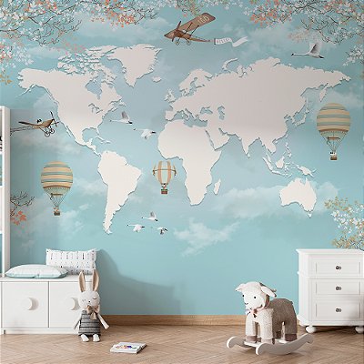 Papel de Parede Infantil de Mapa Mundi Azul Claro com Aviões e Balões