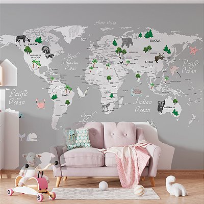 Papel de Parede Infantil de Mapa Mundi em tons de Cinza com Árvores