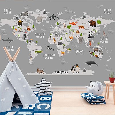 Papel de Parede Infantil de Mapa Mundi em Tons de Cinza com Animais