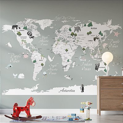 Papel de Parede Infantil de Mapa Mundi em tons de Verde