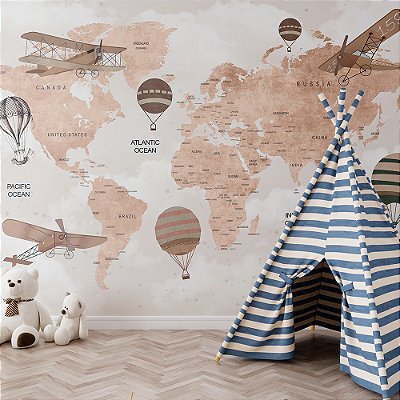 Papel de Parede Infantil de Mapa Mundi Vintage com Aviões e Balões