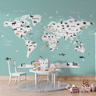 Papel de Parede Infantil de Mapa Mundi Azul Claro com Branco