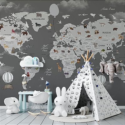 Papel de Parede Infantil de Mapa Mundi em Tons de Cinza com Balões Gigantes