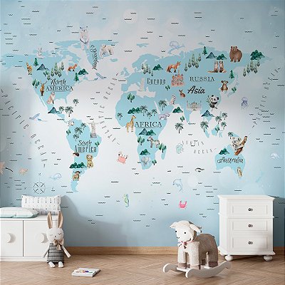 Papel de Parede Infantil de Mapa Mundi Azul Bebe com Animais