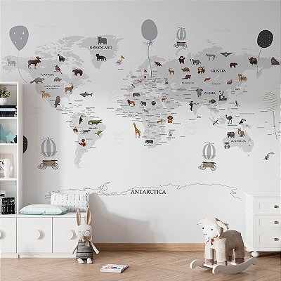 Papel de Parede Infantil de Mapa Mundi Cinza Claro com Balões em Tons de cinza