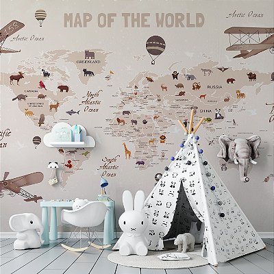 Papel de Parede Infantil de Mapa do Mundo em tons Claros com Diversos Aviões e Balões