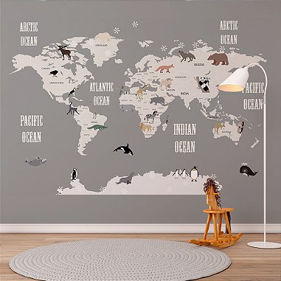 Papel de Parede Infantil de Mapa Mundi Cinza Escuro e Diversos Animais
