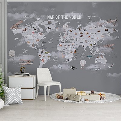 Papel de Parede Infantil de Mapa Mundi em Tons de Cinza com Nuvens e Aviões