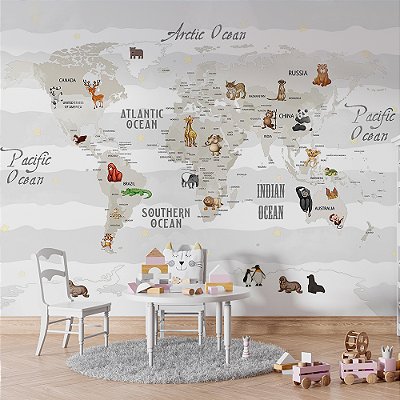 Papel de Parede Infantil de Mapa Mundi em Tons Pasteis com Faixas