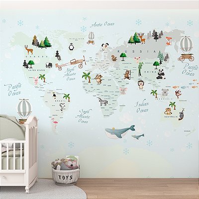 Papel de Parede Infantil de Mapa Mundi em tons de Pastel com Balões e Animais