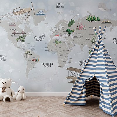 Papel de Parede Infantil de Mapa Mundi Cinza com Aviões