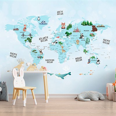 Papel de Parede Infantil de Mapa Mundi em Tons de Azul com Diversos Animais Coloridos
