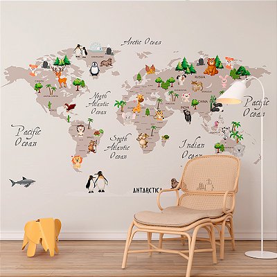 Papel de Parede Infantil de Mapa Mundi Claro com Diversos Animais Coloridos