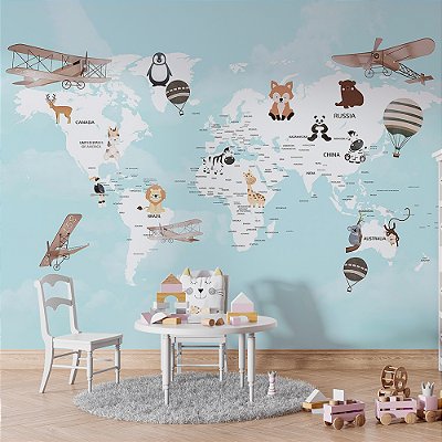 Papel de Parede Infantil de Mapa Mundi Azul Claro Com Branco com Aviões e Balões