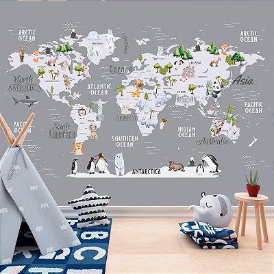 Papel de Parede Infantil de Mapa Mundi Cinza com Diversos Animais
