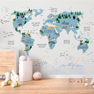 Papel de Parede Infantil de Mapa Mundi Azul com Animais e Árvores