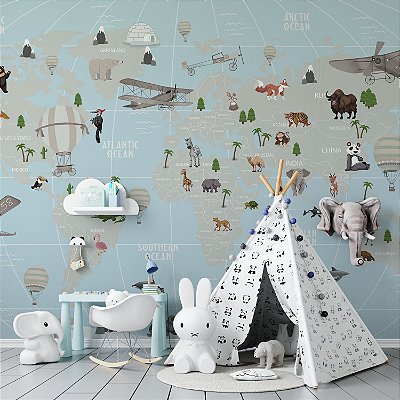 Papel de Parede Infantil de Mapa Mundi Azul Claro com Cinza e Diversos Aviões e Balões