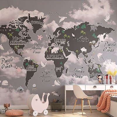 Papel de Parede Infantil de Mapa Mundi Cinza com Nuvens
