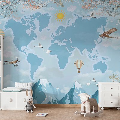 Papel de Parede Infantil de Mapa Mundi com Árvores e Montanhas de Gelo