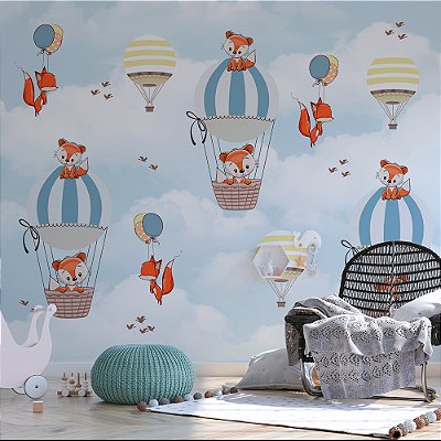 Papel de Parede Infantil Raposas e Balões