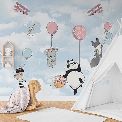 Papel de Parede Infantil Animais e Balões