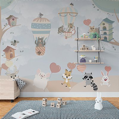Papel de Parede Infantil Animais, Balões e Corações