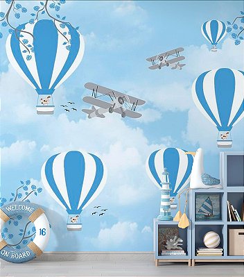 Papel de Parede Infantil Balões Azuis e Aviões