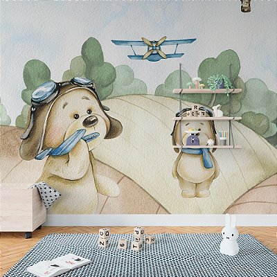 Papel de Parede Infantil Ursos, Balões e Aviões