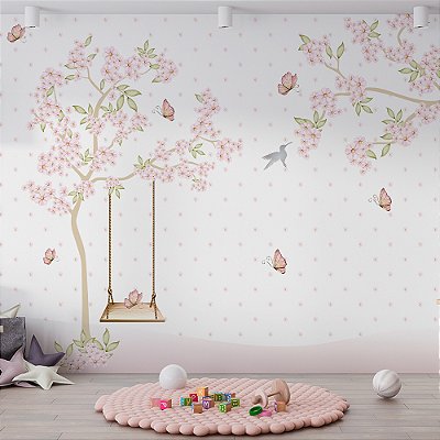 Papel de Parede Infantil Cerejeiras e Balanço