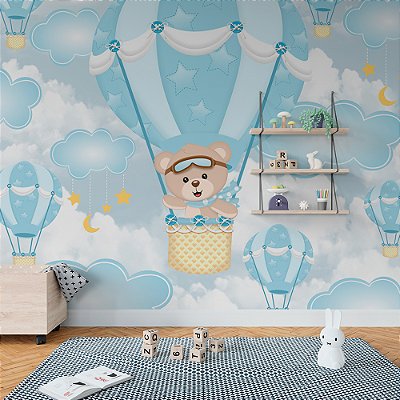 Papel de Parede Infantil Urso e Balões Azuis