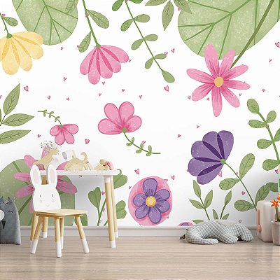 Papel de Parede infantil flores e folhas em aquarela rosa amarelo e verde