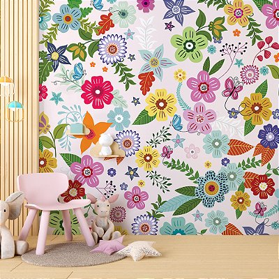 Papel de Parede infantil flores e folhas coloridas