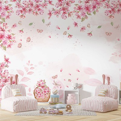 Papel de Parede infantil rama de flores e borboletas