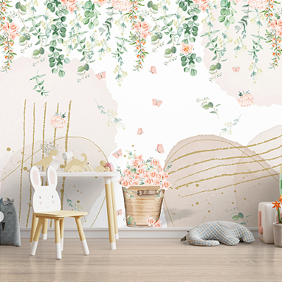 Papel de Parede infantil rama de flores e borboletas em aquarela 1