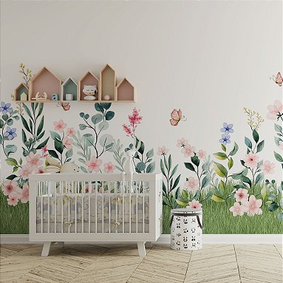 Papel de Parede infantil floral rama de flores