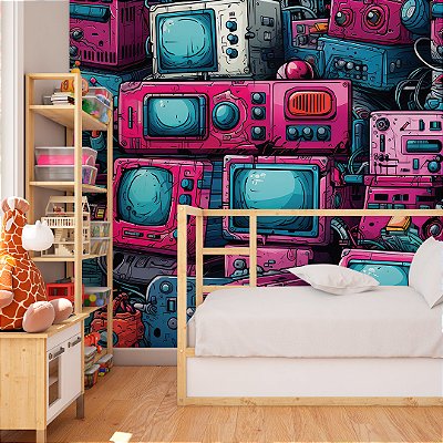 Papel de parede colors televisão rosa e azul