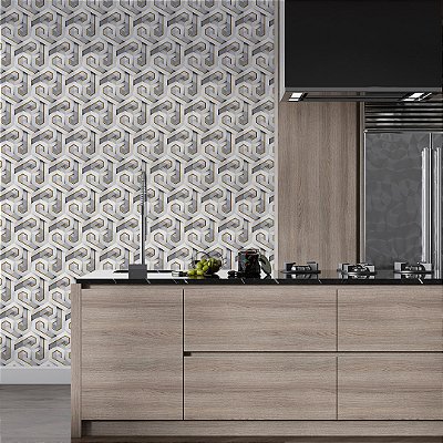 Papel de parede 3D geométrico abstrato branco detalhe dourado